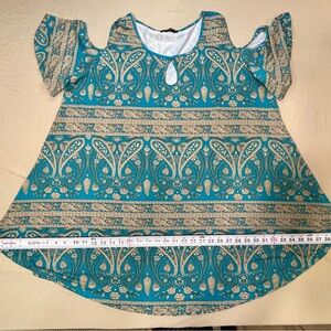 MONNURO Women’s 4X Teal Paisley Print Tunic Blouse, Short Sleeve, Keyhole Accent